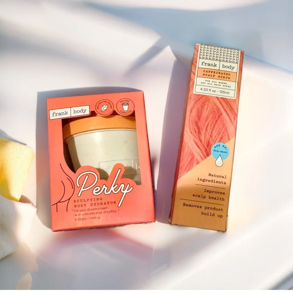 🏖 Frank body PERKY SCULPTING BODY HYDRATOR + CAFFEINATED SCALP SCRUB Set